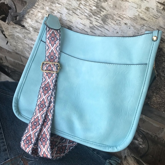 Crazy Heifers Handbags - Crossbody Bag New Light Blue Vegan Leather Boho Style With Large Strap